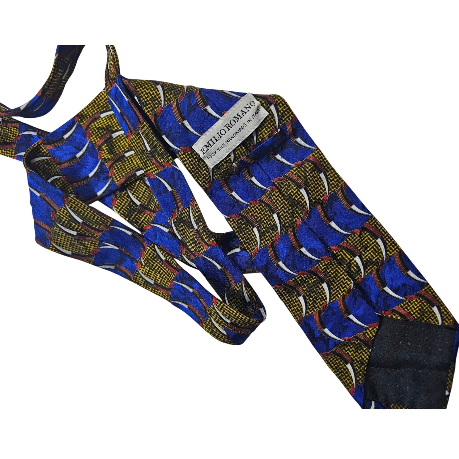 Emilio Romano Silk Tie Blue Yellow Red Geometric Houndstooth Handmade Italy